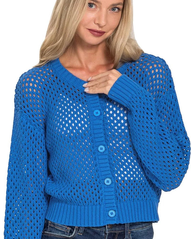 Zenana Button Down Lightweight Crochet Cardigan Sweater - Sleekdenim.com