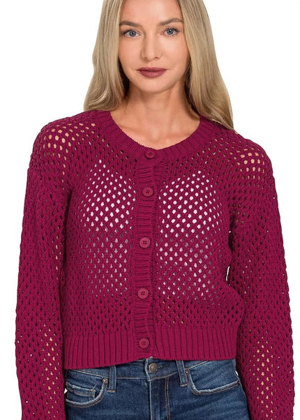 Zenana Button Down Lightweight Crochet Cardigan Sweater - Sleekdenim.com