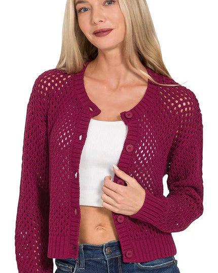 Zenana Button Down Lightweight Crochet Cardigan Sweater - Sleekdenim.com