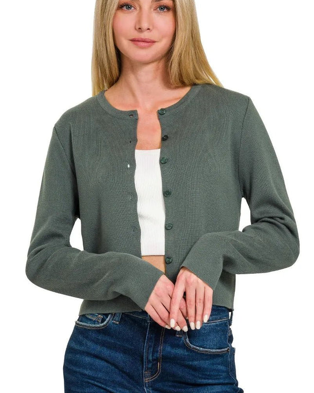 Zenana Button - Front Crewneck Long Sleeve Cropped Cardigan - Sleekdenim.com