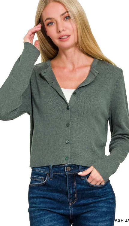 Zenana Button-Front Crewneck Long Sleeve Cropped Cardigan - Sleekdenim.com