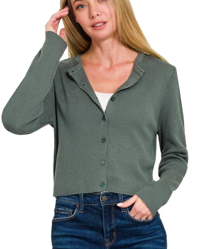Zenana Button - Front Crewneck Long Sleeve Cropped Cardigan - Sleekdenim.com