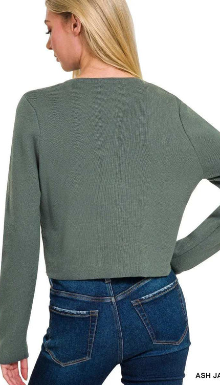 Zenana Button-Front Crewneck Long Sleeve Cropped Cardigan - Sleekdenim.com