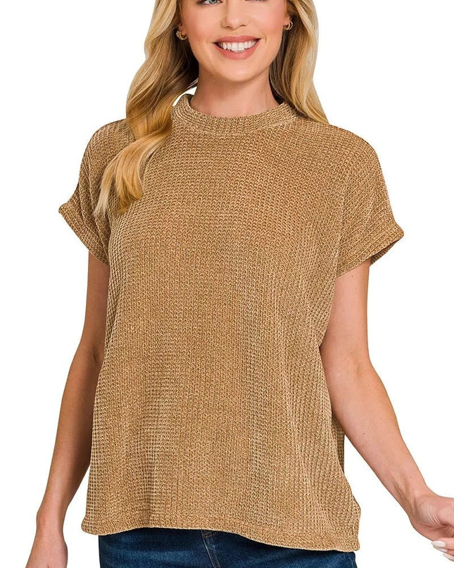 Zenana Chenille Waffle Cap Sleeve Sweater - Sleekdenim.com