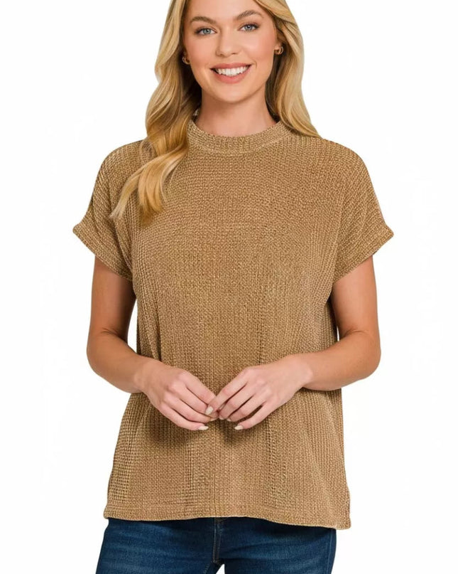 Zenana Chenille Waffle Cap Sleeve Sweater - Sleekdenim.com
