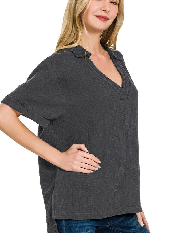 Zenana Double Gauze Short Sleeve High - Low Top - Sleekdenim.com