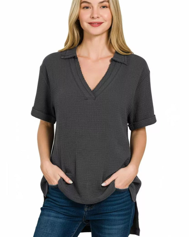 Zenana Double Gauze Short Sleeve High - Low Top - Sleekdenim.com