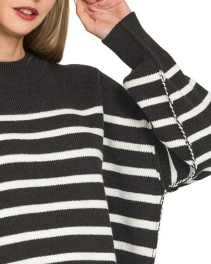 Zenana Exposed Seam Striped Oversized Sweater - Sleekdenim.com