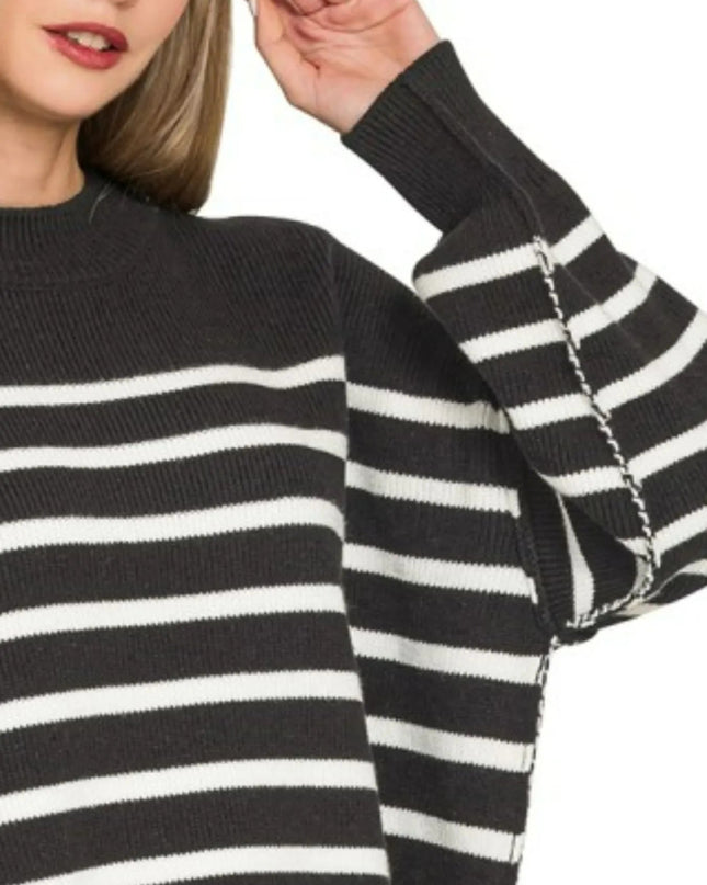 Zenana Exposed Seam Striped Oversized Sweater - Sleekdenim.com