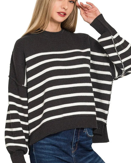 Zenana Exposed Seam Striped Oversized Sweater - Sleekdenim.com