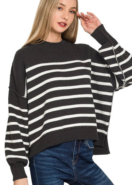 Zenana Exposed Seam Striped Oversized Sweater - Sleekdenim.com