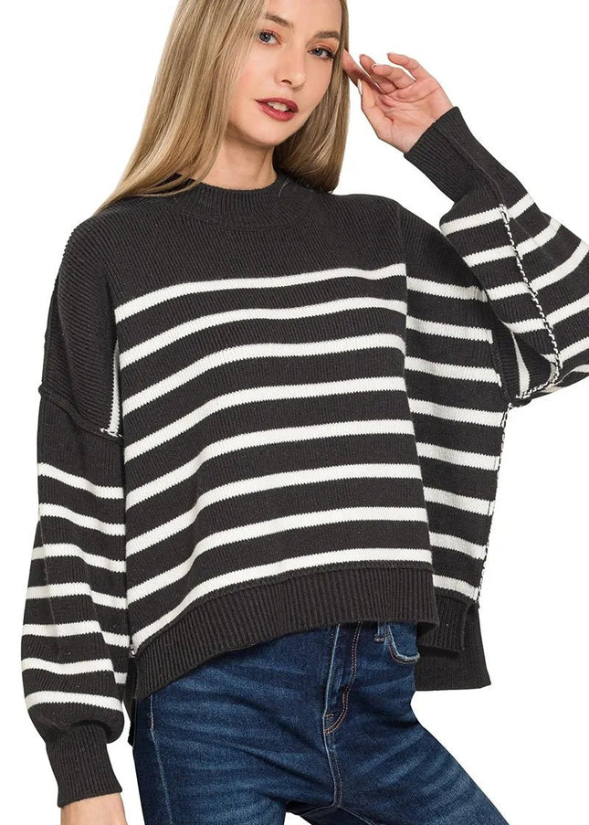 Zenana Exposed Seam Striped Oversized Sweater - Sleekdenim.com