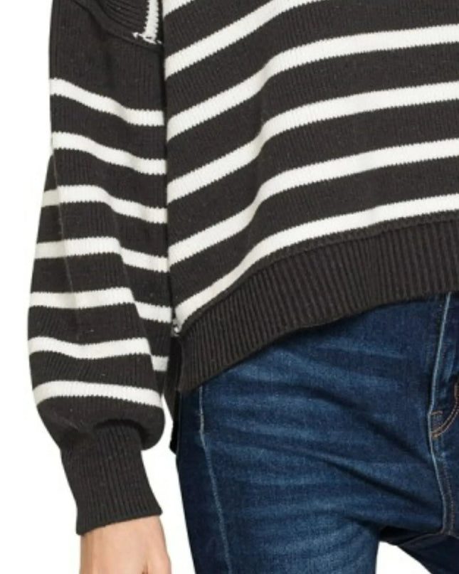 Zenana Exposed Seam Striped Oversized Sweater - Sleekdenim.com