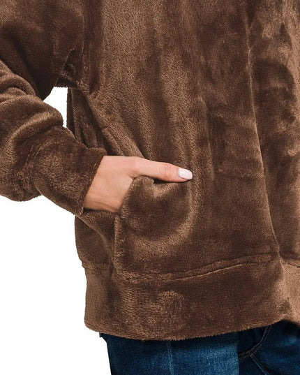 Zenana Faux Fur Half Zip Pocket Pullover - Sleekdenim.com