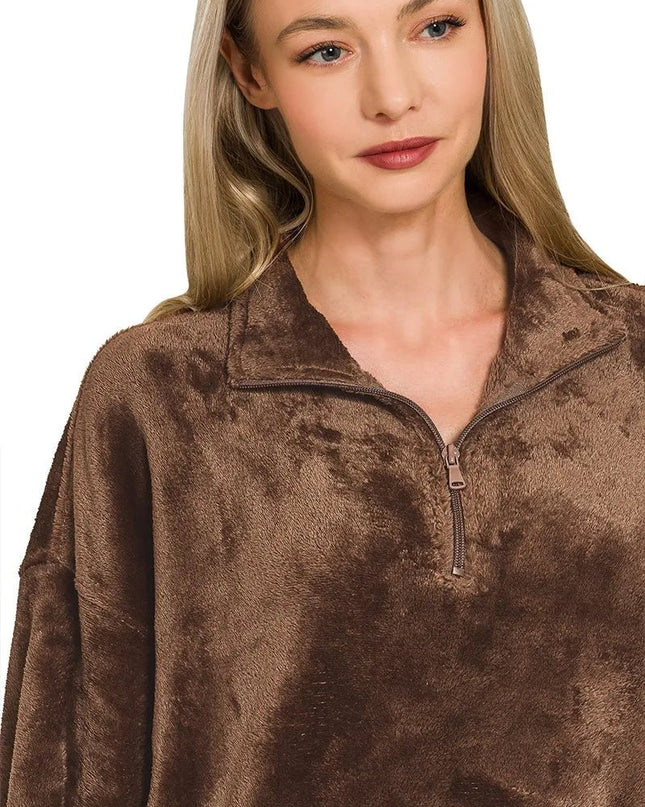 Zenana Faux Fur Half Zip Pocket Pullover - Sleekdenim.com