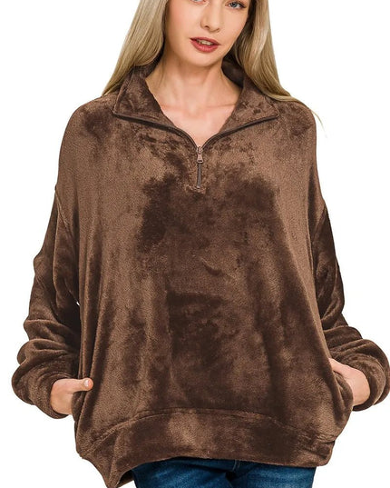 Zenana Faux Fur Half Zip Pocket Pullover - Sleekdenim.com