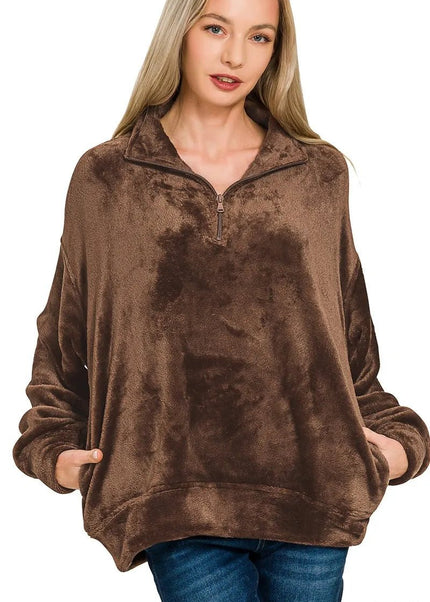 Zenana Faux Fur Half Zip Pocket Pullover - Sleekdenim.com