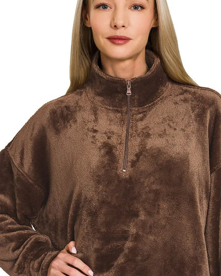 Zenana Faux Fur Half Zip Pocket Pullover - Sleekdenim.com