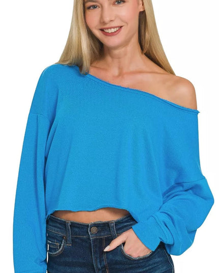 Zenana French Terry Boatneck Crop Top - Sleekdenim.com