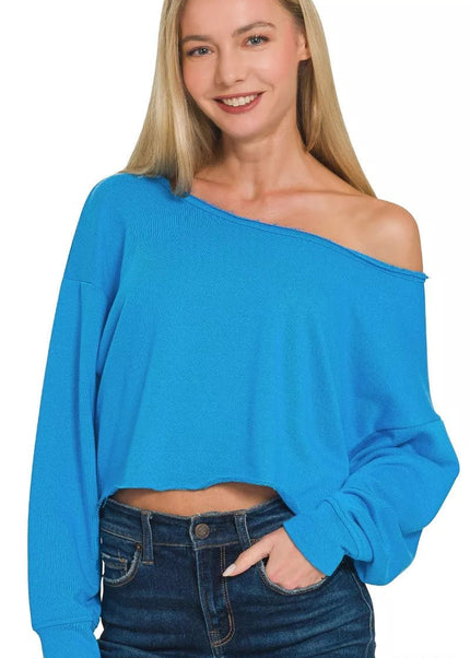 Zenana French Terry Boatneck Crop Top - Sleekdenim.com