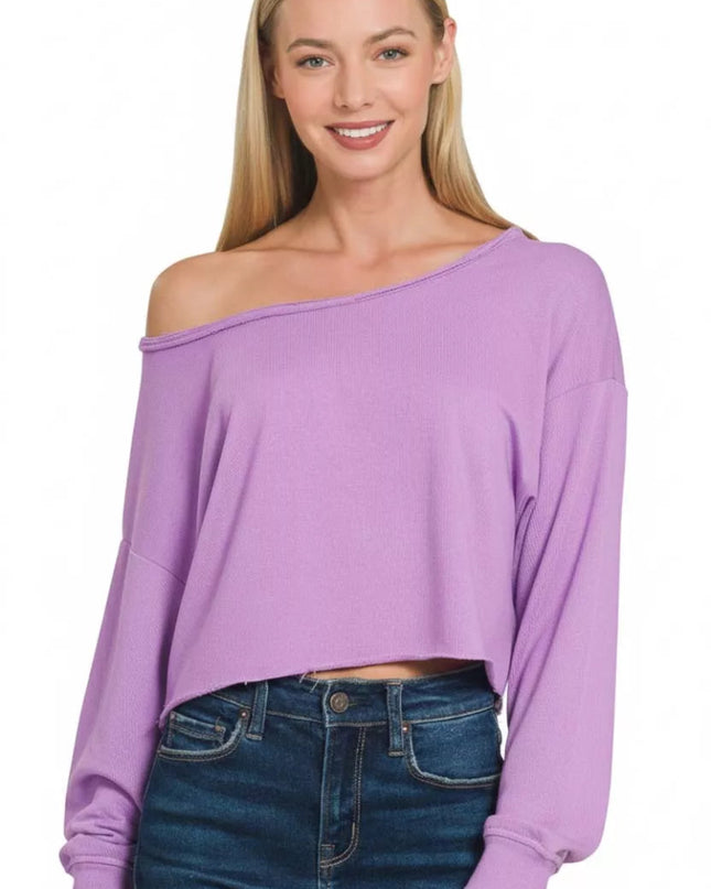 Zenana French Terry Boatneck Crop Top - Sleekdenim.com