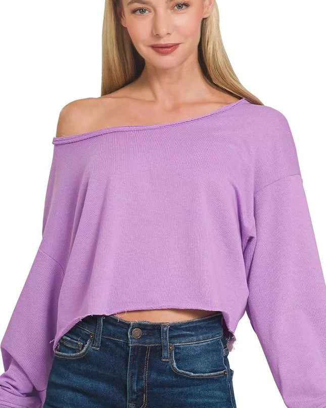 Zenana French Terry Boatneck Crop Top - Sleekdenim.com