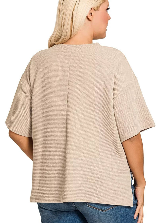 Zenana Full Size Double Knit Side Slits Hi Low Short Sleeve Top Plus Size - Sleekdenim.com