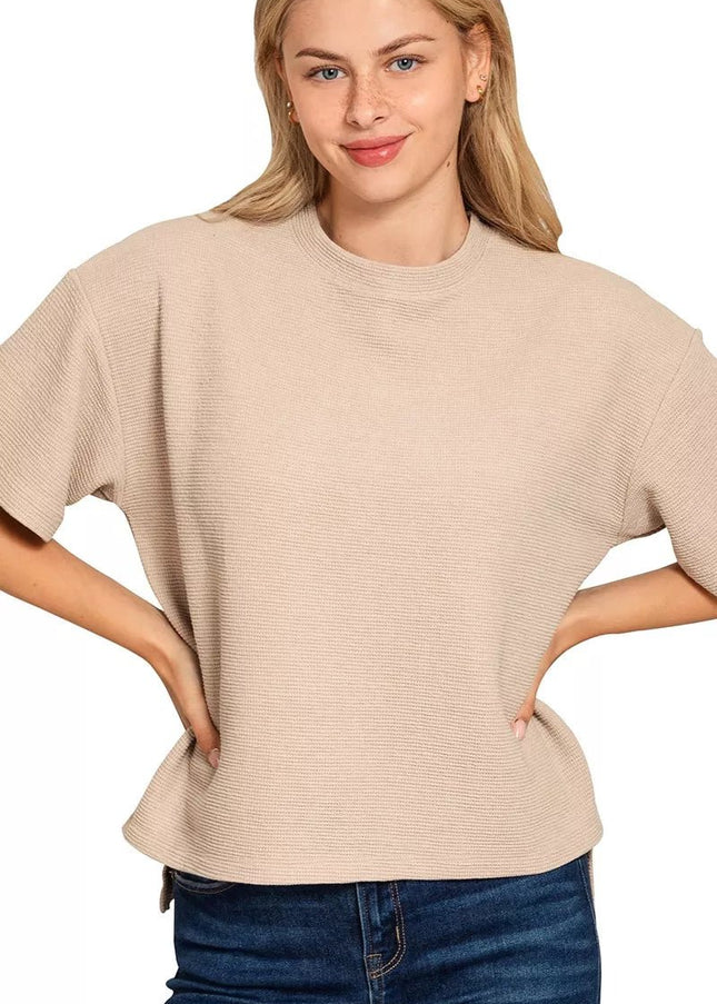 Zenana Full Size Double Knit Side Slits Hi Low Short Sleeve Top Plus Size - Sleekdenim.com