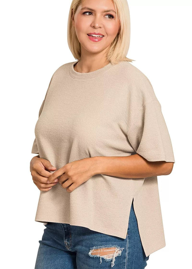 Zenana Full Size Double Knit Side Slits Hi Low Short Sleeve Top Plus Size - Sleekdenim.com