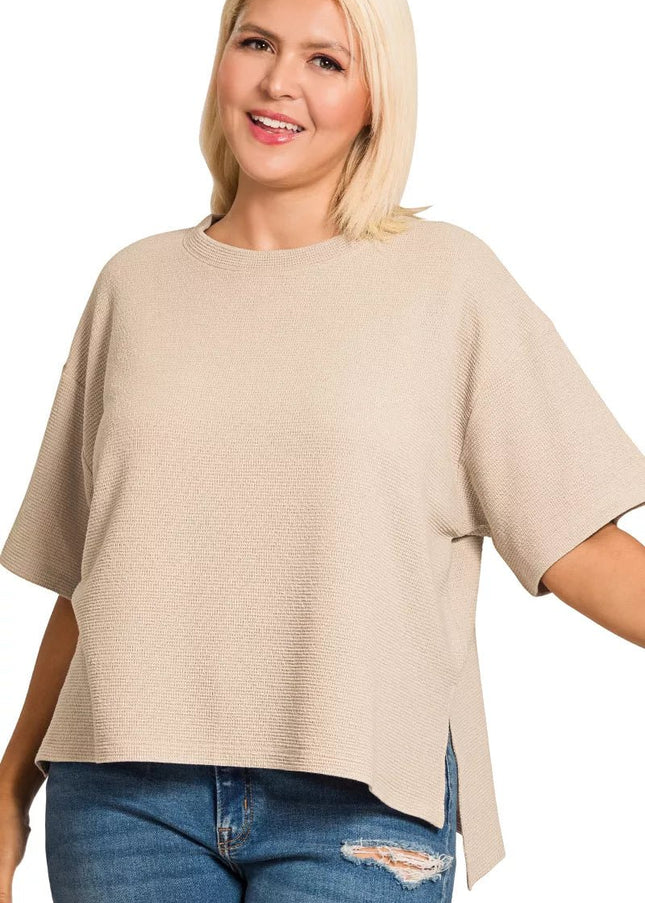 Zenana Full Size Double Knit Side Slits Hi Low Short Sleeve Top Plus Size - Sleekdenim.com