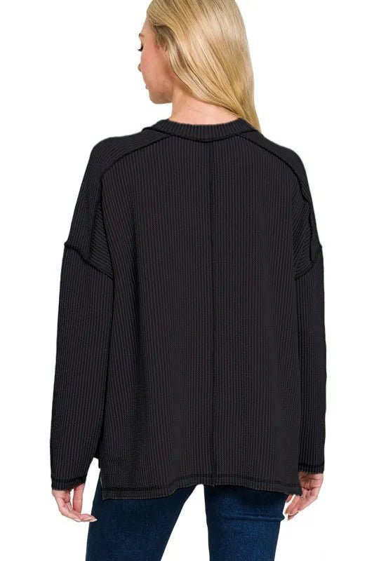 Zenana Full Size Exposed Seam Long Sleeve Corded Rib Knit Top Plus Size - Sleekdenim.com