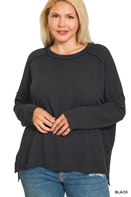 Zenana Full Size Exposed Seam Long Sleeve Corded Rib Knit Top Plus Size - Sleekdenim.com
