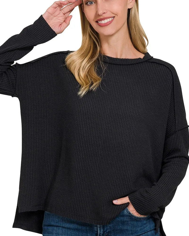 Zenana Full Size Exposed Seam Long Sleeve Corded Rib Knit Top Plus Size - Sleekdenim.com
