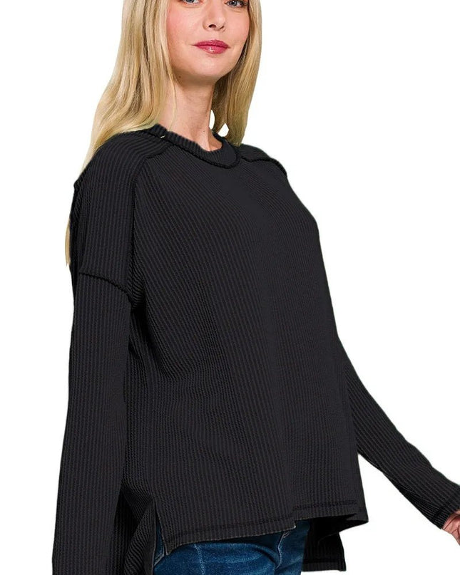 Zenana Full Size Exposed Seam Long Sleeve Corded Rib Knit Top Plus Size - Sleekdenim.com