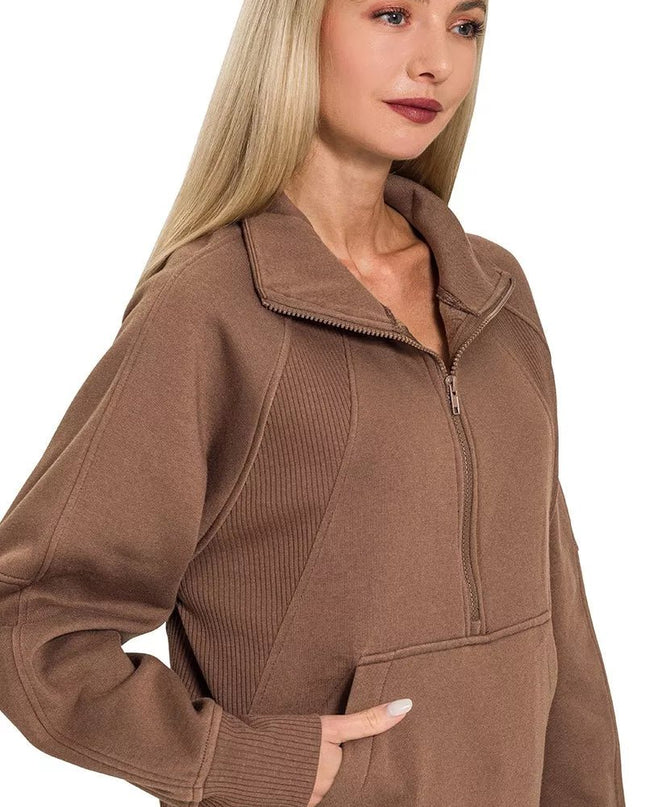 Zenana Half Zip Fleece Sweatshirt with kangaroo Pocket - Sleekdenim.com