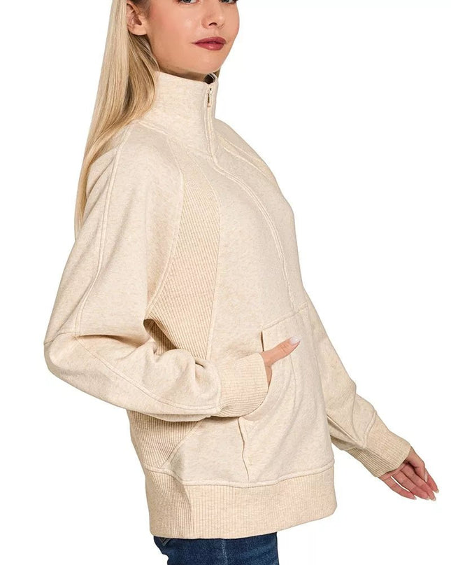 Zenana Half Zip Fleece Sweatshirt with kangaroo Pocket - Sleekdenim.com