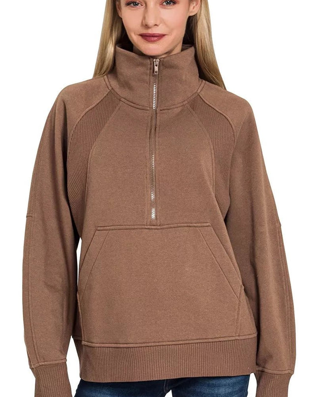 Zenana Half Zip Fleece Sweatshirt with kangaroo Pocket - Sleekdenim.com