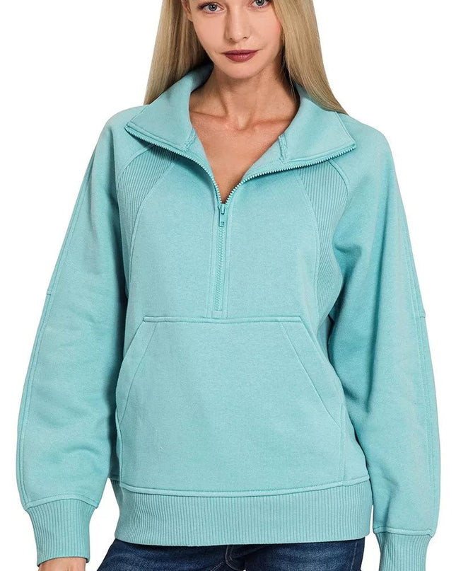 Zenana Half Zip Fleece Sweatshirt with kangaroo Pocket - Sleekdenim.com