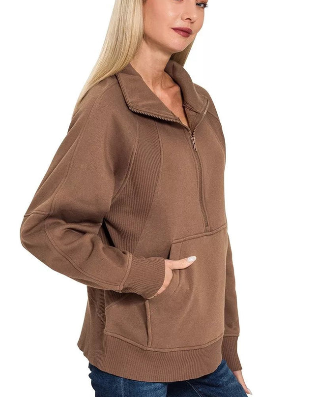 Zenana Half Zip Fleece Sweatshirt with kangaroo Pocket - Sleekdenim.com