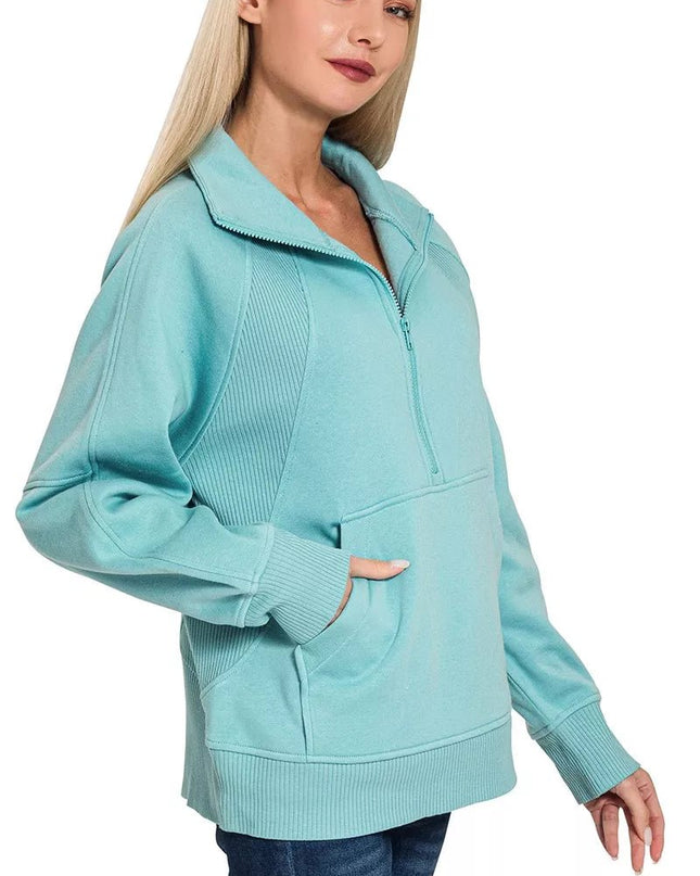 Zenana Half Zip Fleece Sweatshirt with kangaroo Pocket - Sleekdenim.com