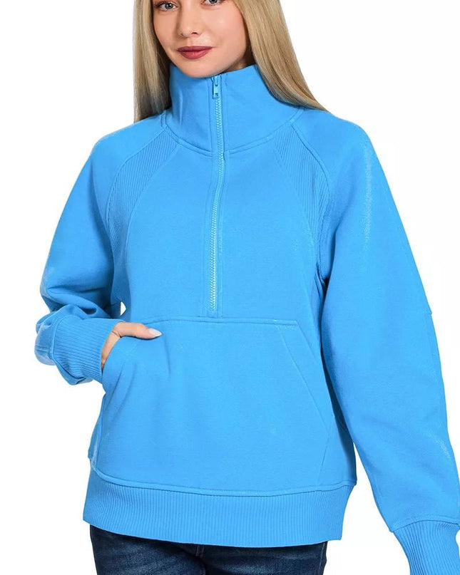 Zenana Half Zip Fleece Sweatshirt with kangaroo Pocket - Sleekdenim.com