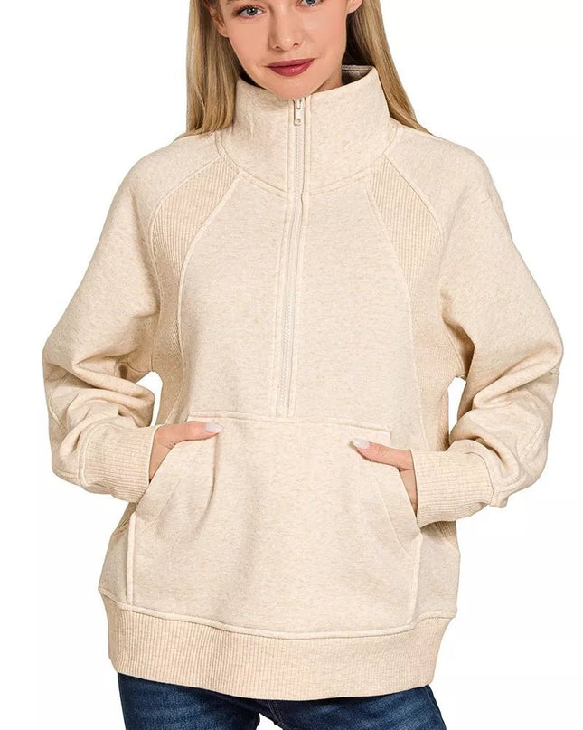 Zenana Half Zip Fleece Sweatshirt with kangaroo Pocket - Sleekdenim.com