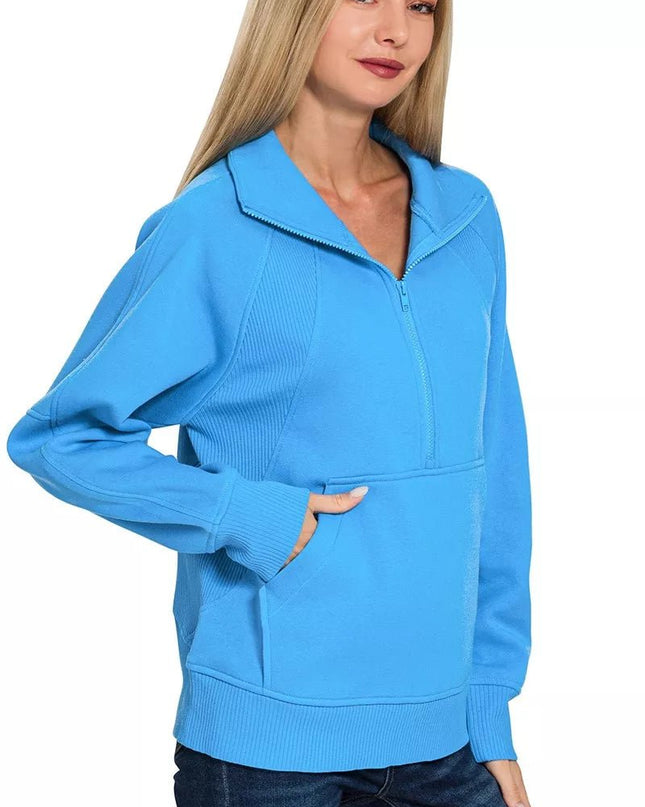 Zenana Half Zip Fleece Sweatshirt with kangaroo Pocket - Sleekdenim.com