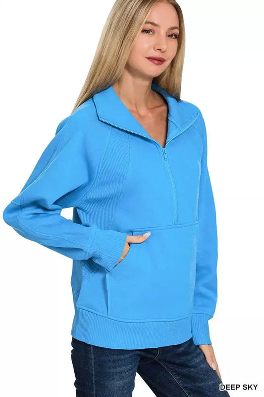Zenana Half Zip Fleece Sweatshirt with kangaroo Pocket