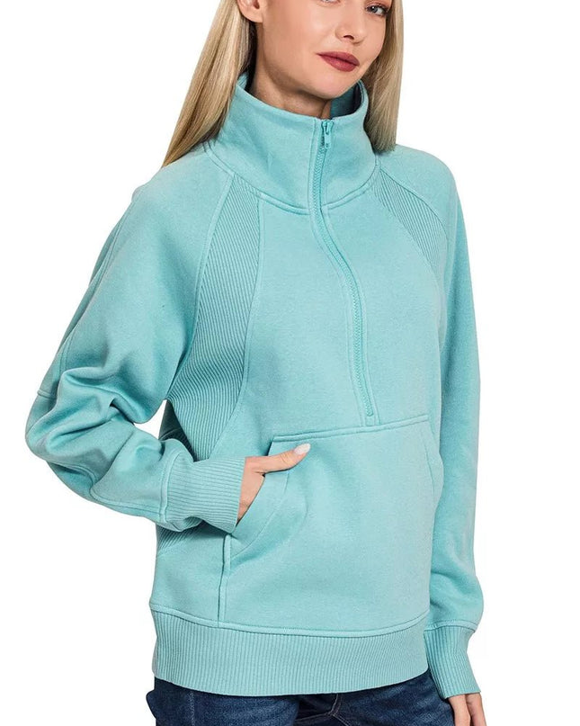 Zenana Half Zip Fleece Sweatshirt with kangaroo Pocket - Sleekdenim.com