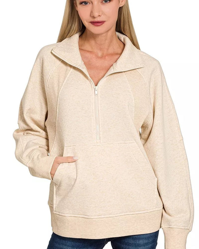Zenana Half Zip Fleece Sweatshirt with kangaroo Pocket - Sleekdenim.com