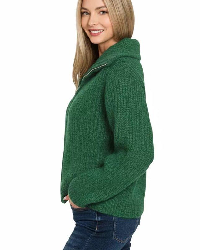 Zenana High Neck Full Zip Sweater Cardigan - Sleekdenim.com