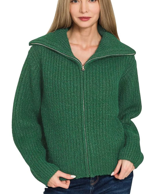 Zenana High Neck Full Zip Sweater Cardigan - Sleekdenim.com