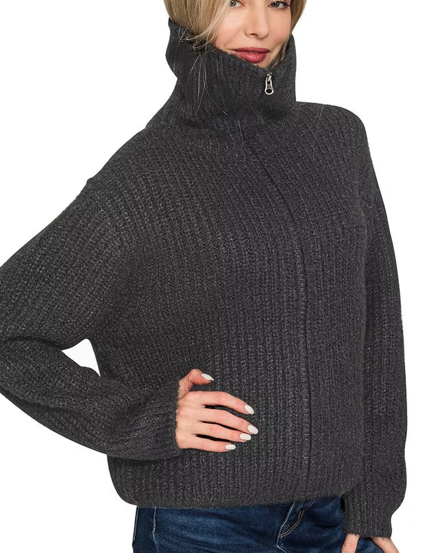 Zenana High Neck Full Zip Sweater Cardigan - Sleekdenim.com