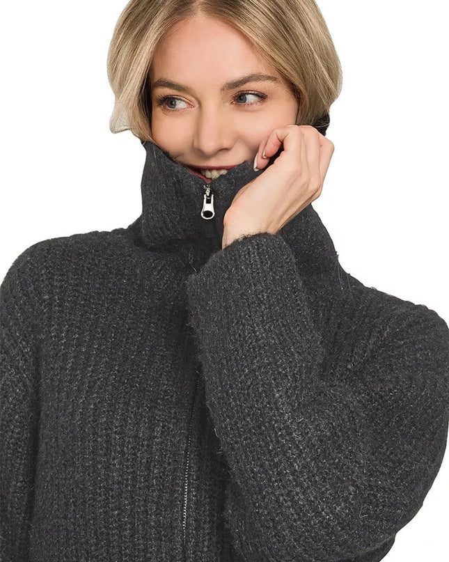 Zenana High Neck Full Zip Sweater Cardigan - Sleekdenim.com
